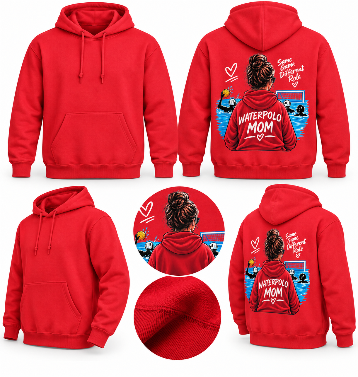 Waterpolo Mom – rode hoodie met grote sportieve rugbedrukking — bedrukt werk van Color & Brush