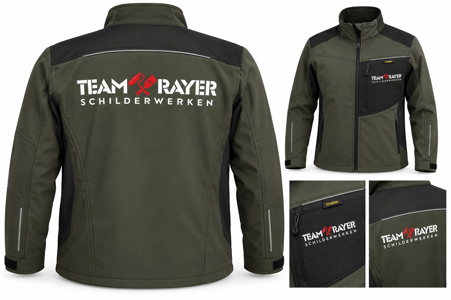 Groene softshell met het logo van Team Rayer Schilderwerken op de borst en groot op de rug