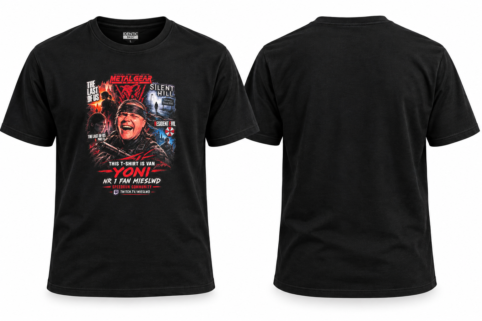 Zwart T-shirt met gamingcollage en naam op de voorkant — bedrukt werk van Color & Brush