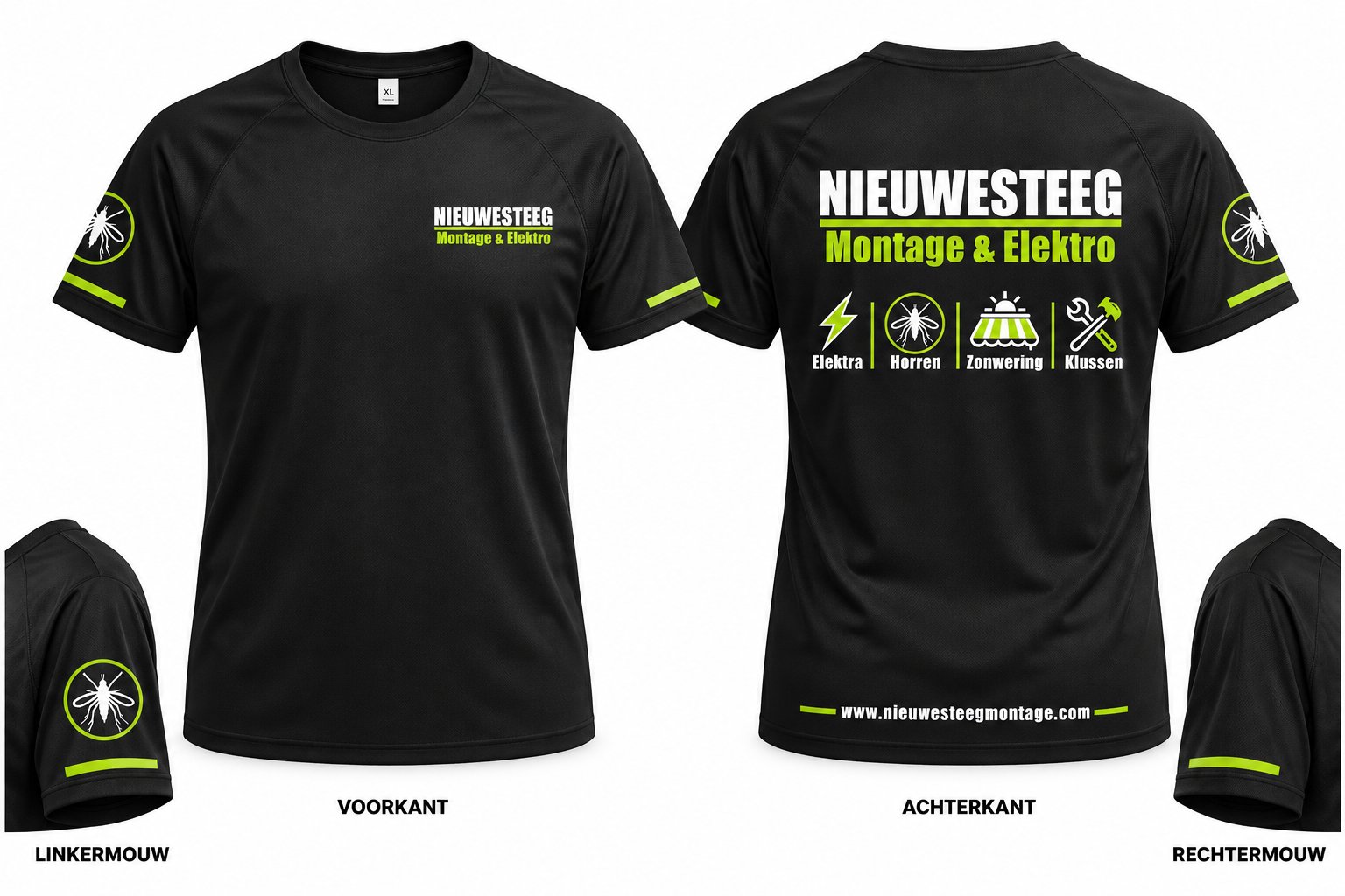 Zwart werkshirt van Nieuwesteeg met witte letters en groene symbolen op borst, rug en mouwen