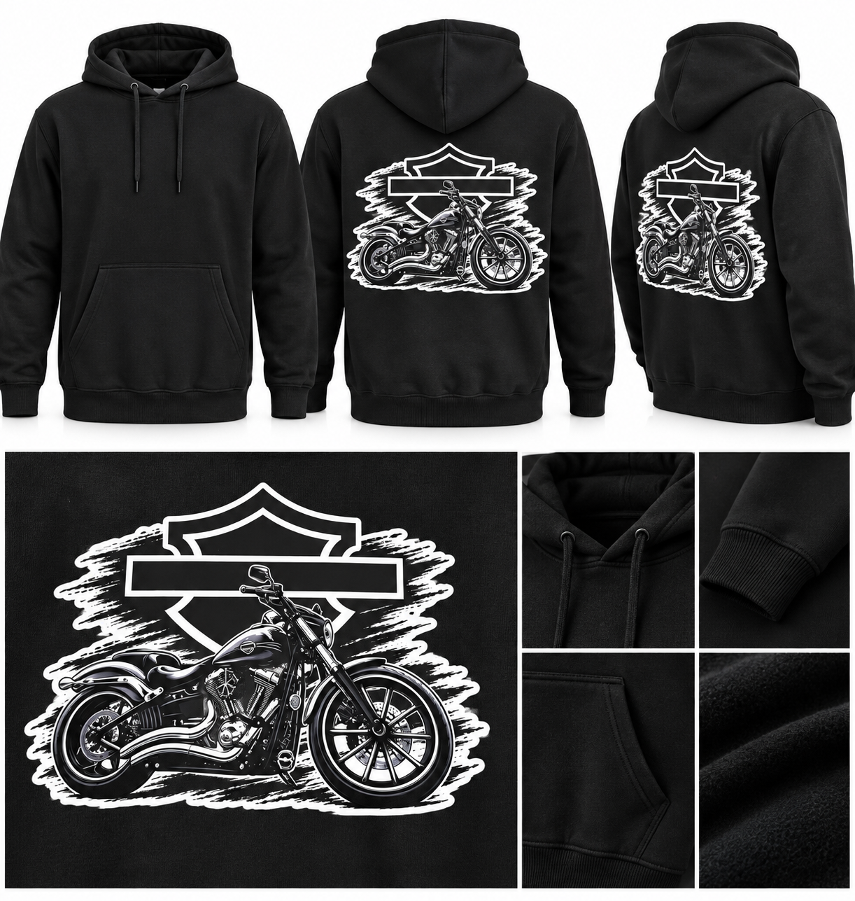 Zwarte hoodie met grote bedrukte motor-rugprint uit onze werkplaats