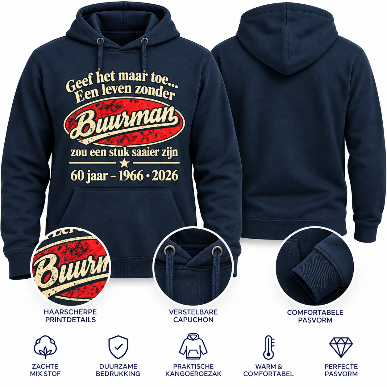 Donkerblauwe hoodie met grote jubileumprint op de voorkant — bedrukt werk van Color & Brush