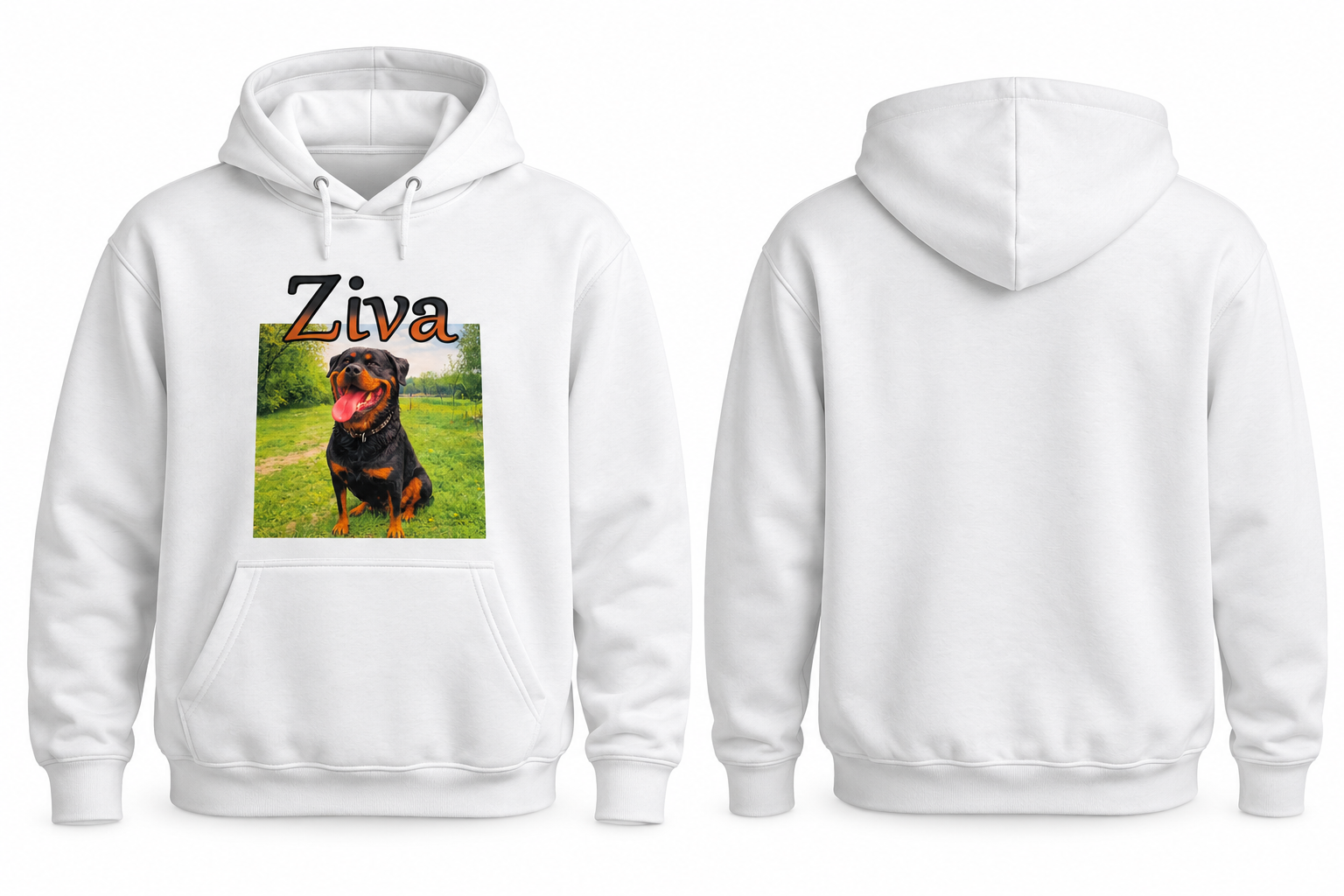 Ziva – persoonlijke hoodie met hondenfoto en naam — bedrukt werk van Color & Brush