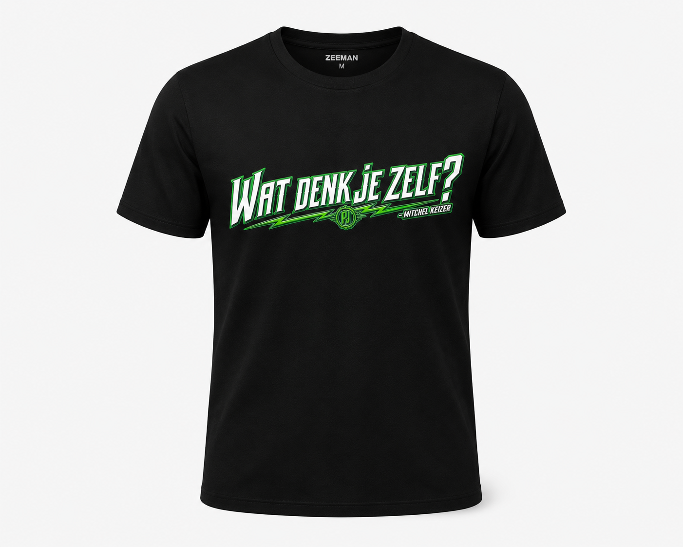 Zwart T-shirt met print "Wat denk je zelf?" — bedrukt werk van Color & Brush