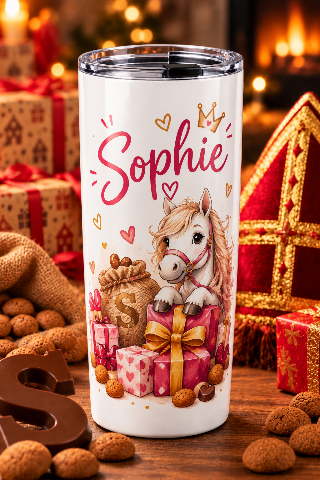 Tumbler met de naam Sophie, een paardje en cadeautjes in Sinterklaassfeer