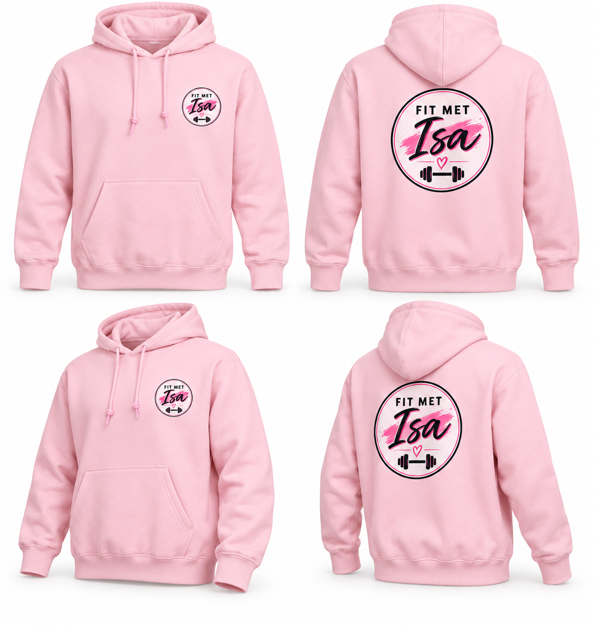 Fit met Isa – persoonlijke roze hoodie met borst- en rugbedrukking — bedrukt werk van Color & Brush