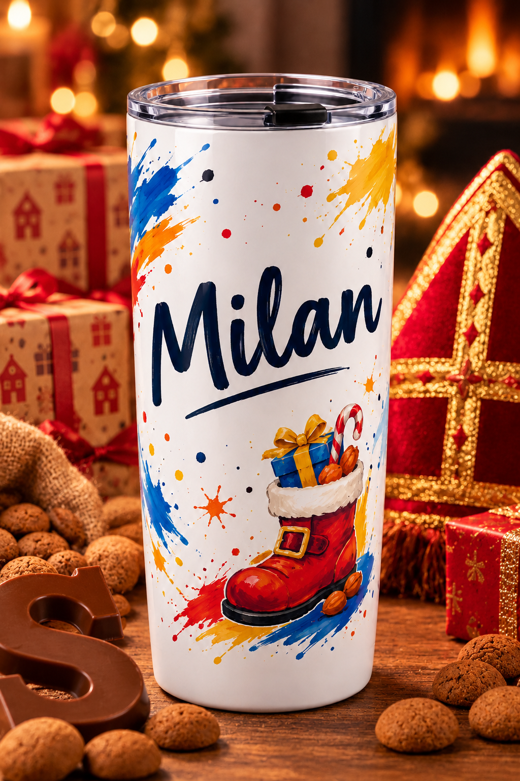 Tumbler met de naam Milan en een Sinterklaasschoen tussen pepernoten en een chocoladeletter