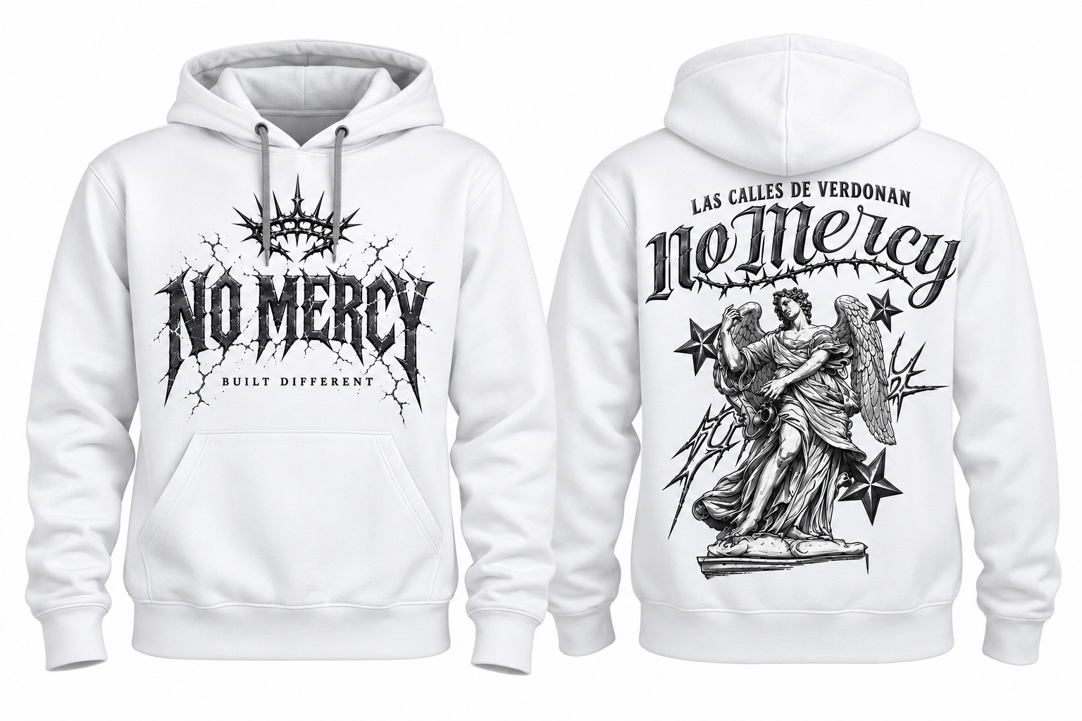 No Mercy – hoodie met borst- en rugbedrukking — bedrukt werk van Color & Brush