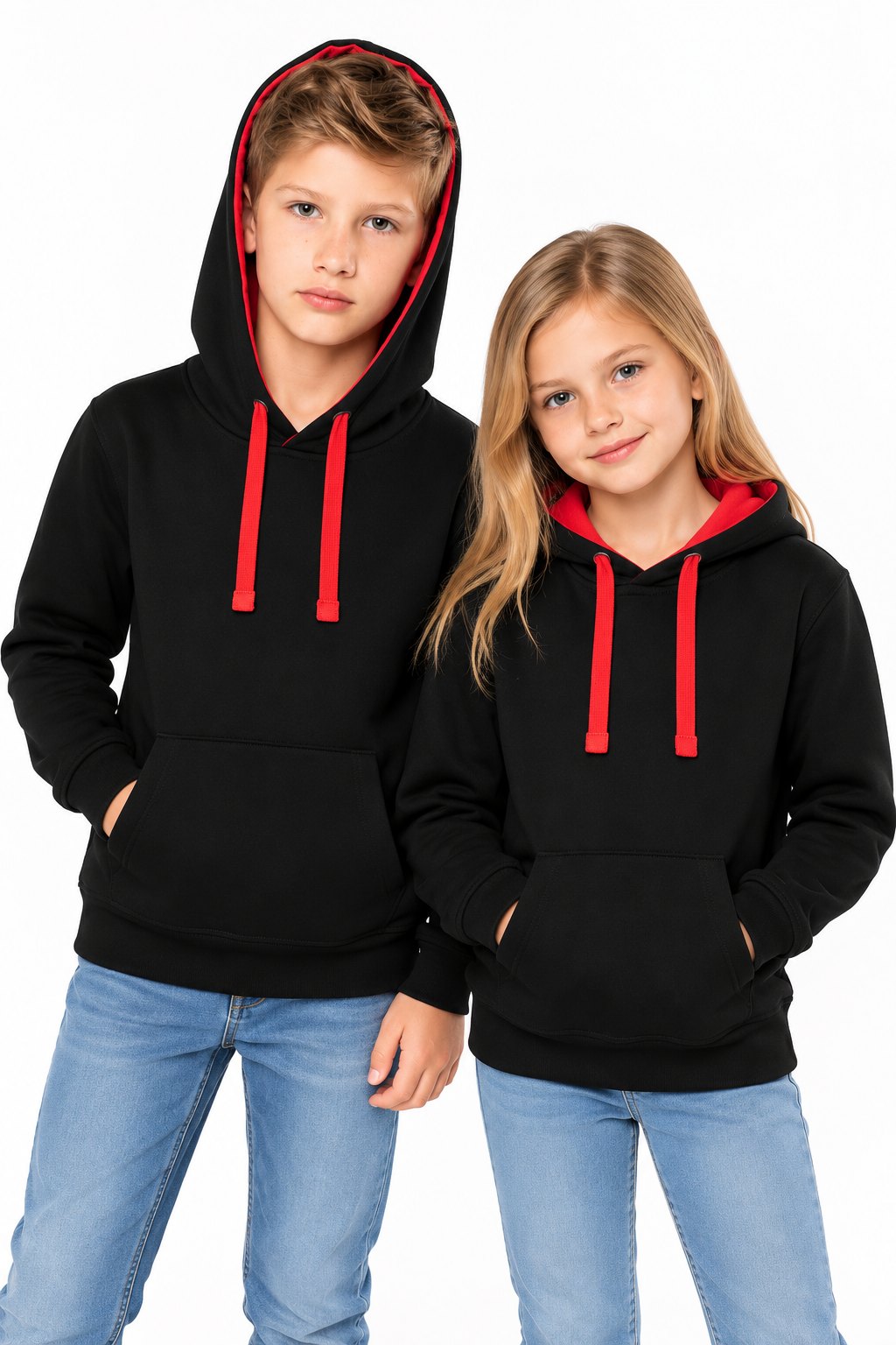Premium Kinderhoodie met contrasterende capuchon laten bedrukken bij Color & Brush
