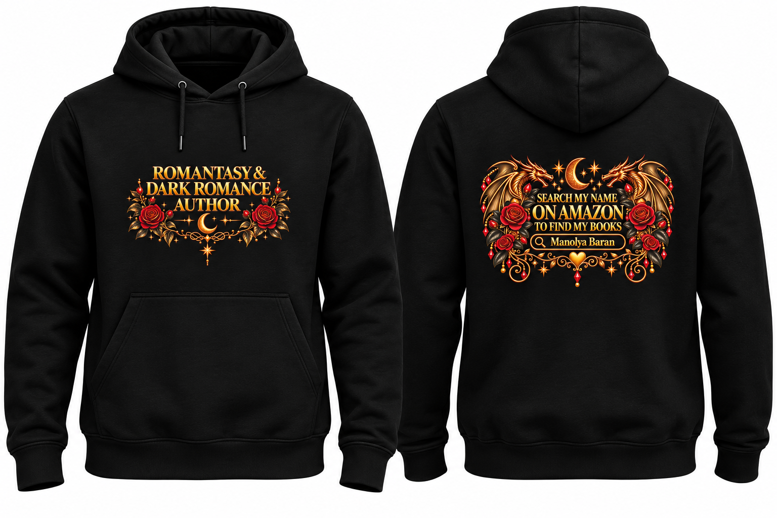 Romantasy Author – zwarte hoodie met goud- en rozendetails op borst en rug — bedrukt werk van Color & Brush
