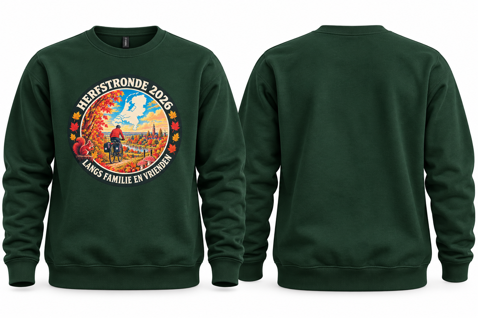 Groene sweater Herfstronde 2026 met rond eigen ontwerp op de borst