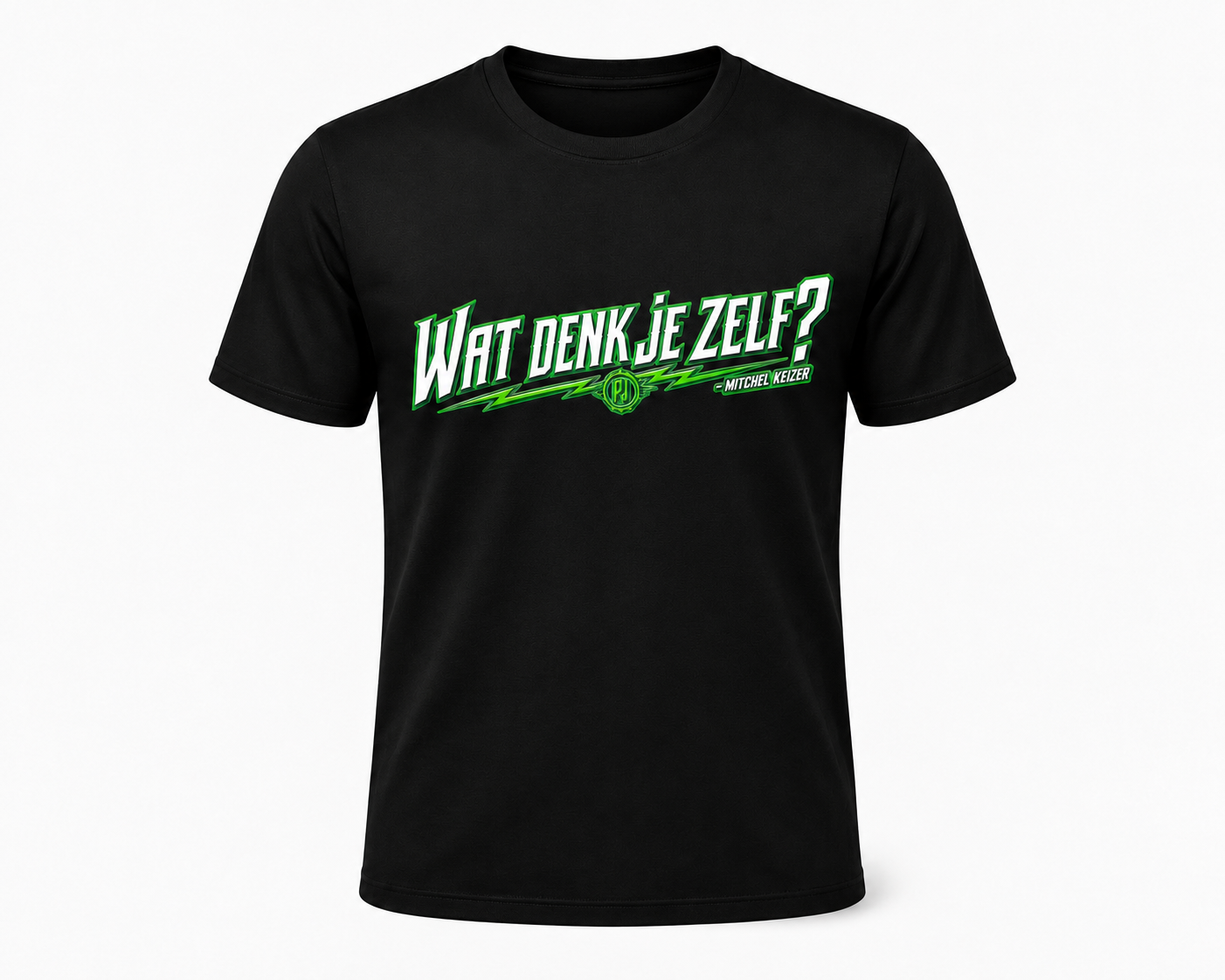 Zwart T-shirt met print "Wat denk je zelf?" — bedrukt werk van Color & Brush