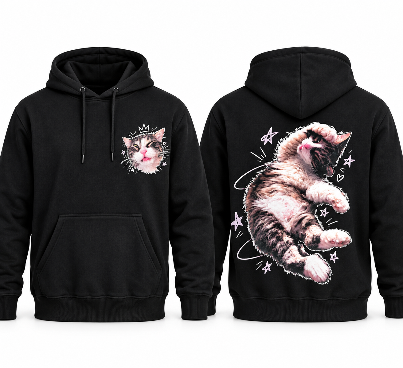 Zwarte hoodie met persoonlijke kattenafbeelding op borst en rug