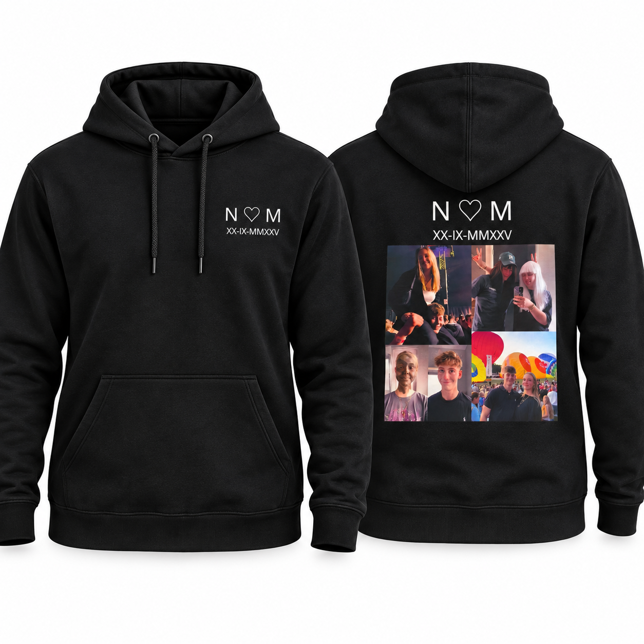 Zwarte hoodie met initialen op de voorkant en fotocollage op de rug — bedrukt werk van Color & Brush