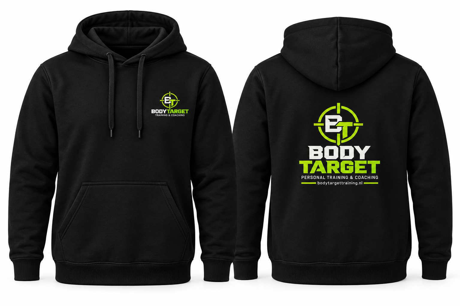 Body Target – trainingshoodie met logo op borst en rug — bedrukt werk van Color & Brush