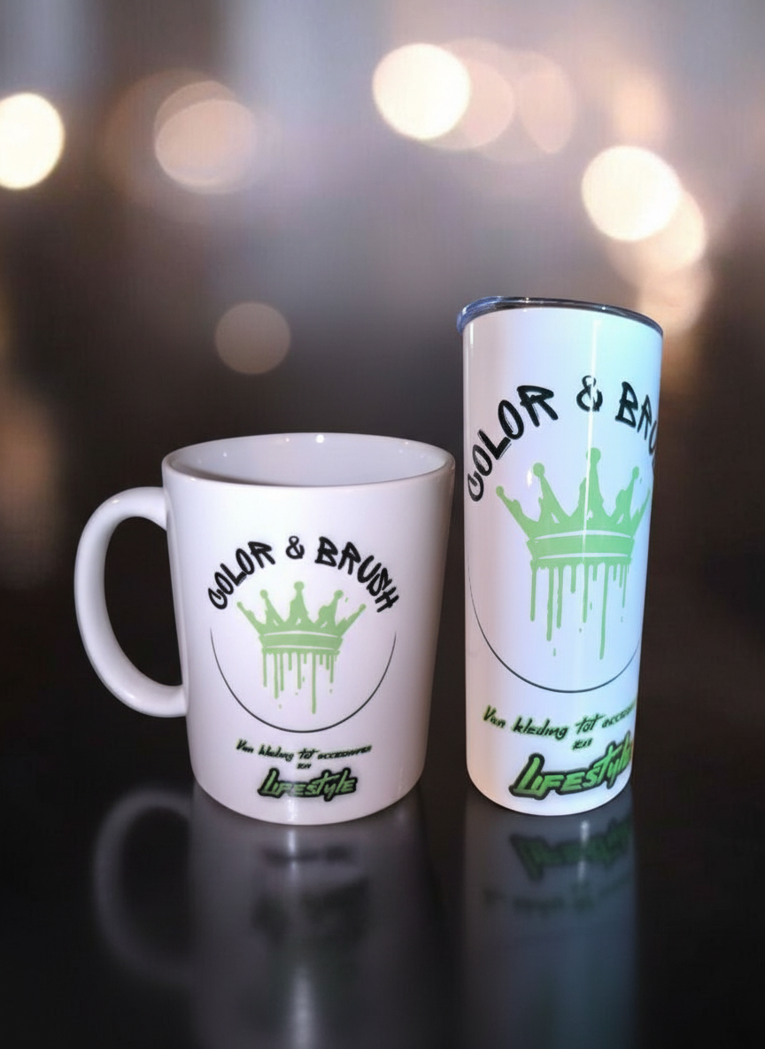Mok en tumbler met eigen logo — bedrukt werk van Color & Brush