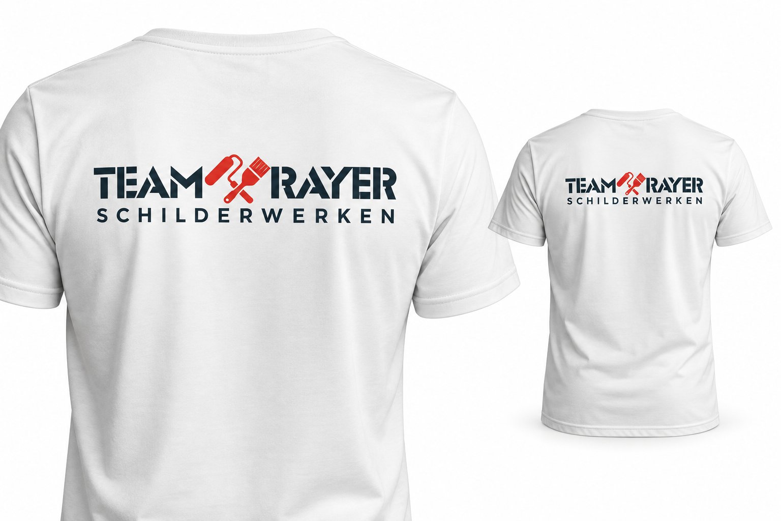 Wit T-shirt met het logo van Team Rayer Schilderwerken op de rug