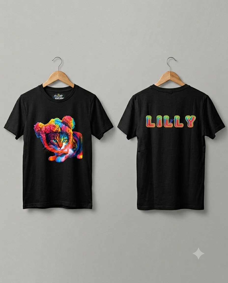T-shirt met kat en naam — bedrukt werk van Color & Brush