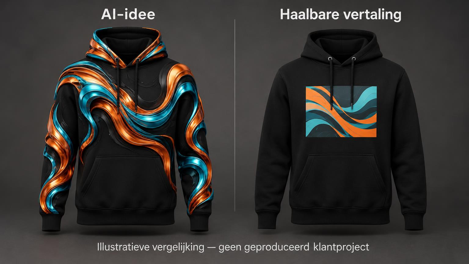 Illustratieve vergelijking: links een fantasierijke AI-hoodie met glanzende 3D-vormen over capuchon en mouwen, rechts een gewone hoodie met een vlakke borstprint. Geen geproduceerd klantproject.
