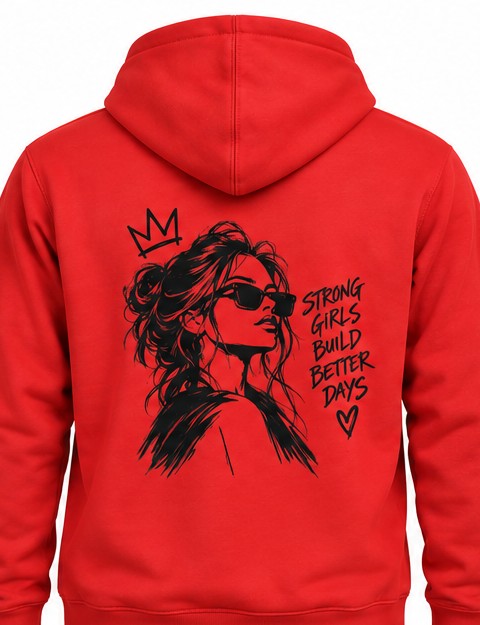 Rode hoodie met borst-, rug- en mouwbedrukking — bedrukt werk van Color & Brush