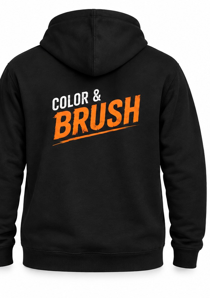 Zwarte hoodie met Color & Brush logo op borst en rug — bedrukt werk van Color & Brush